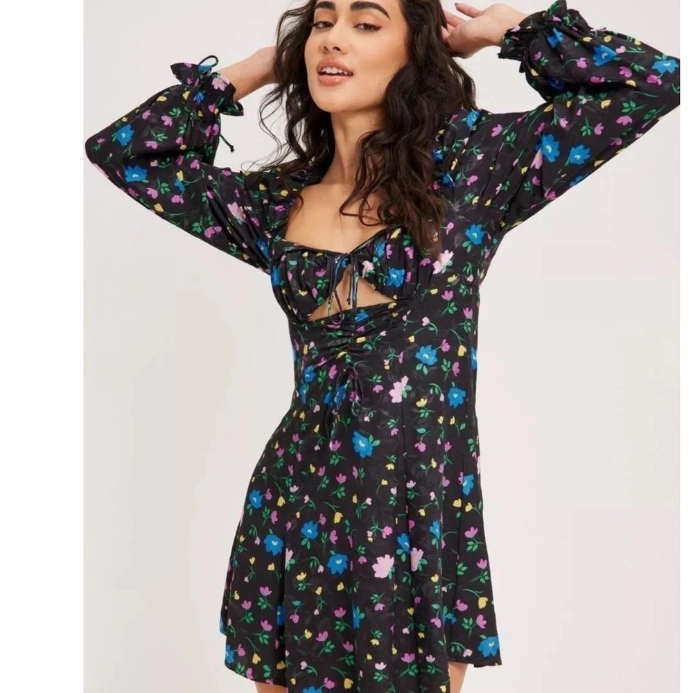 For Love & Lemons Floral Jacquard Mini Dress Black Puff Sleeve Cutout Whimsical